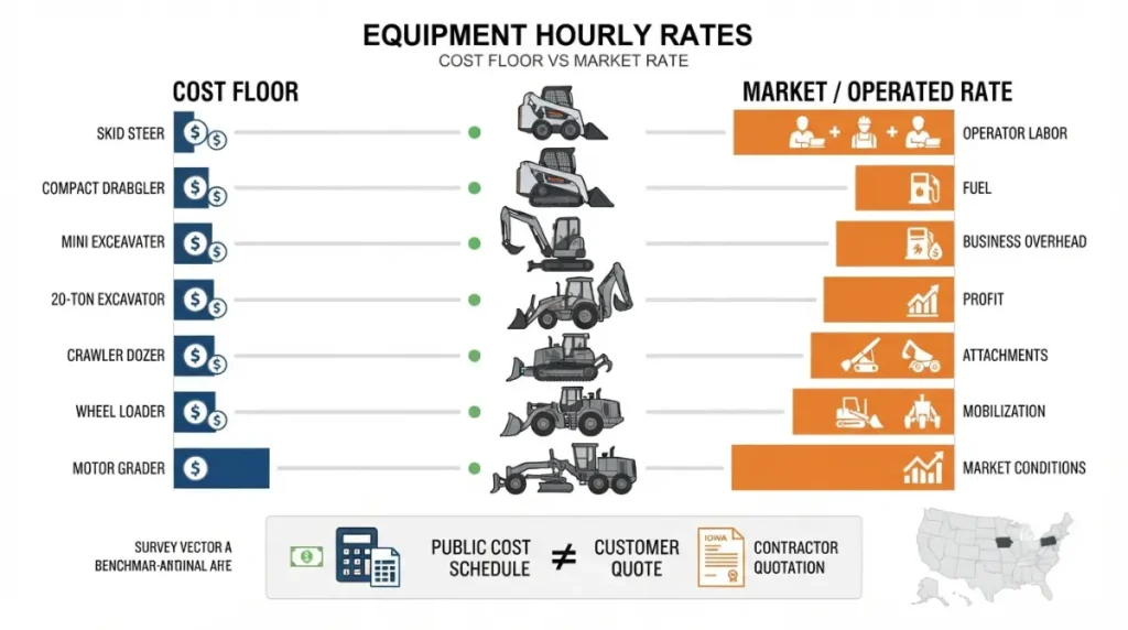 Equipment Rates comparison showing machine-only cost floors versus operated market rates for construction equipment