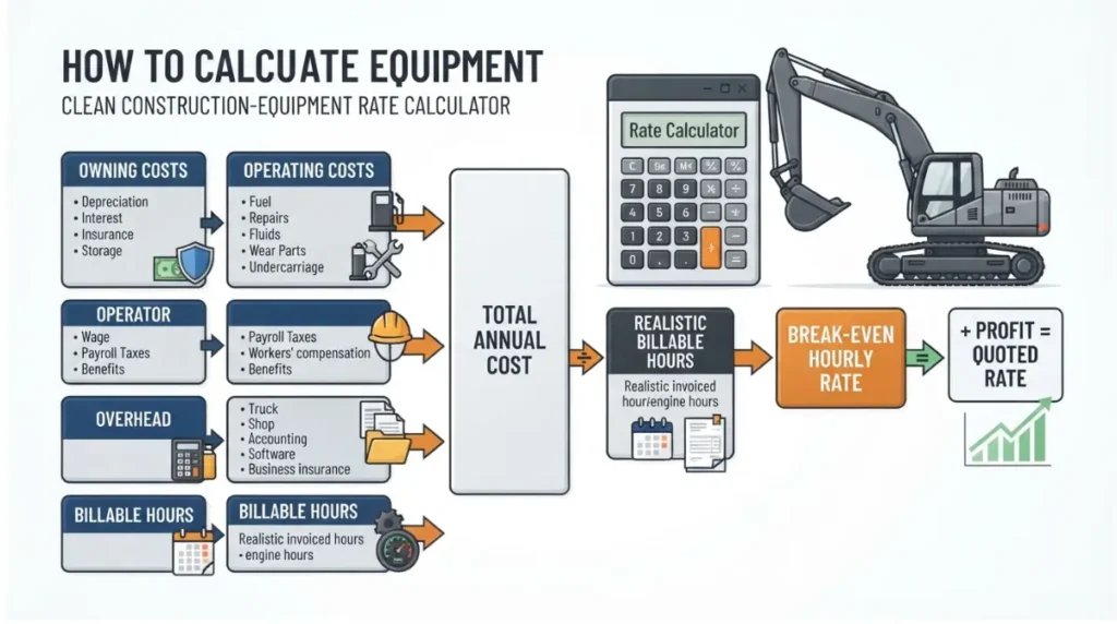 Equipment Rates hourly calculation showing owning costs, operating costs, operator labor, overhead, and billable hours