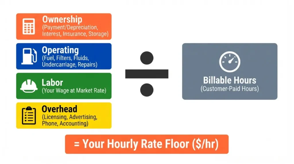 Mini excavator break-even hourly rate formula showing ownership, operating, labor, and overhead costs divided by billable hours