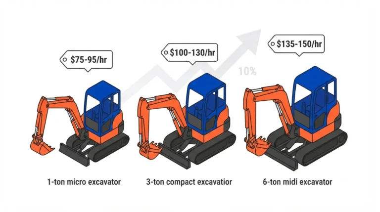 Mini excavator hourly rate chart with operator pricing by weight class from 1 to 9 tons