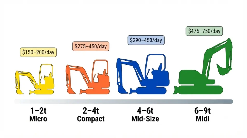 Mini excavator weight class comparison showing 1-2 ton, 2-4 ton, 4-6 ton, and 6-9 ton machines with daily rental rates